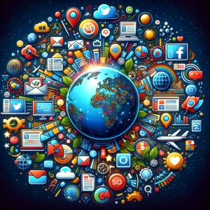 Cette image représente une planète entouré d'icône de réseaux sociaux.